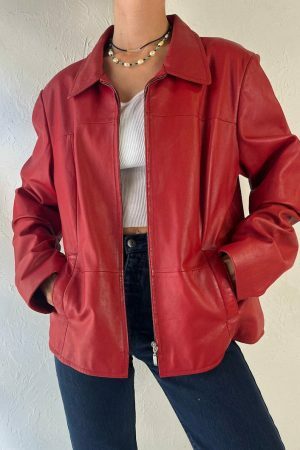 Y2K Red Leather Zipper Jacket for Women, Vintage Oversized Streetwear