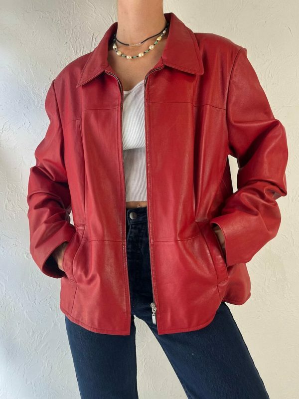 Y2K Red Leather Zipper Jacket for Women, Vintage Oversized Streetwear