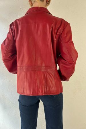 Y2K Red Leather Zipper Jacket for Women, Vintage Oversized Streetwear