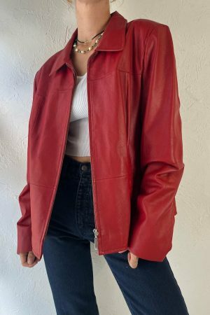 Y2K Red Leather Zipper Jacket for Women, Vintage Oversized Streetwear