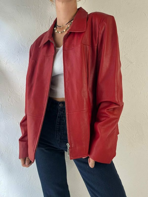 Y2K Red Leather Zipper Jacket for Women, Vintage Oversized Streetwear