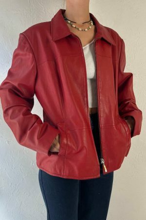 Y2K Red Leather Zipper Jacket for Women, Vintage Oversized Streetwear