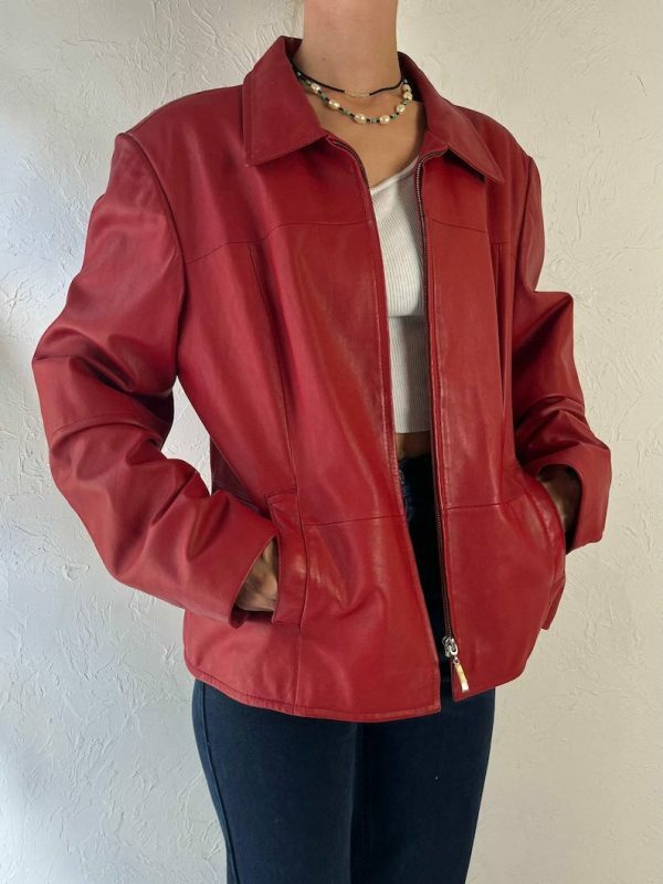 Y2K Red Leather Zipper Jacket for Women, Vintage Oversized Streetwear