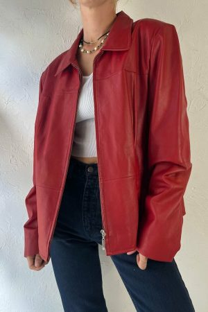 Y2K Red Leather Zipper Jacket for Women, Vintage Oversized Streetwear