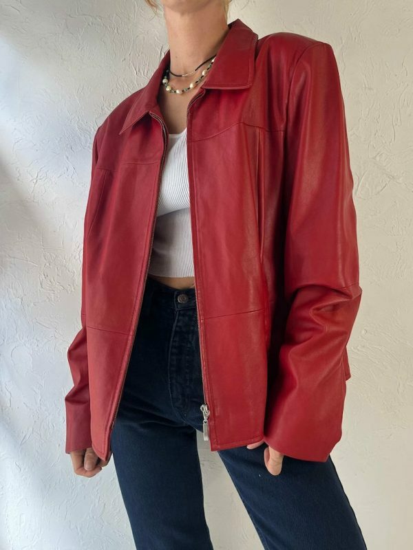 Y2K Red Leather Zipper Jacket for Women, Vintage Oversized Streetwear