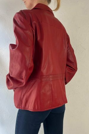 Y2K Red Leather Zipper Jacket for Women, Vintage Oversized Streetwear