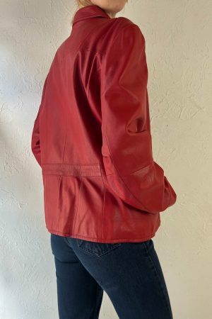 Y2K Red Leather Zipper Jacket for Women, Vintage Oversized Streetwear