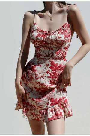 Y2K Red White Floral Mini Strap Dress with Ruffle Frill