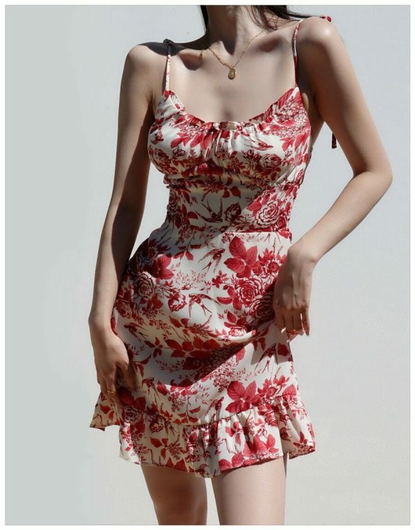 Y2K Red White Floral Mini Strap Dress with Ruffle Frill