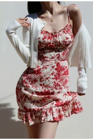 Y2K Red White Floral Mini Strap Dress with Ruffle Frill