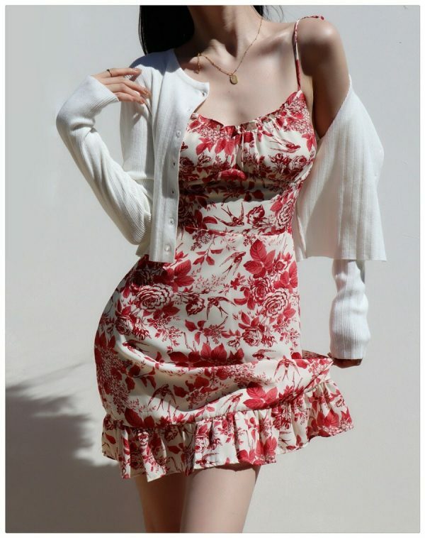 Y2K Red White Floral Mini Strap Dress with Ruffle Frill