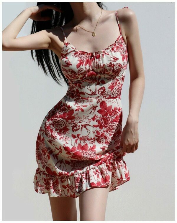 Y2K Red White Floral Mini Strap Dress with Ruffle Frill