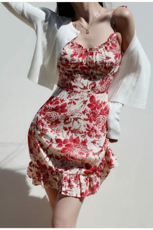 Y2K Red White Floral Mini Strap Dress with Ruffle Frill