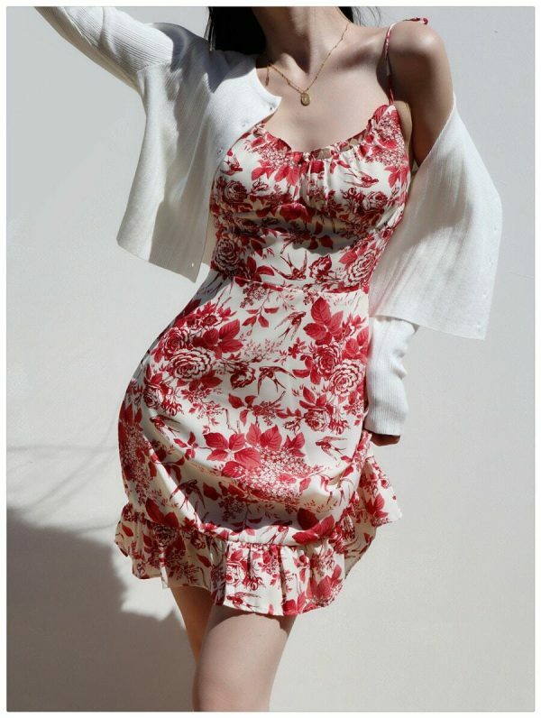 Y2K Red White Floral Mini Strap Dress with Ruffle Frill