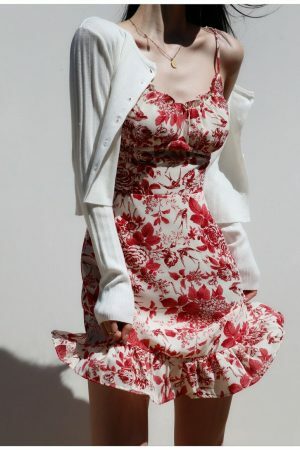 Y2K Red White Floral Mini Strap Dress with Ruffle Frill