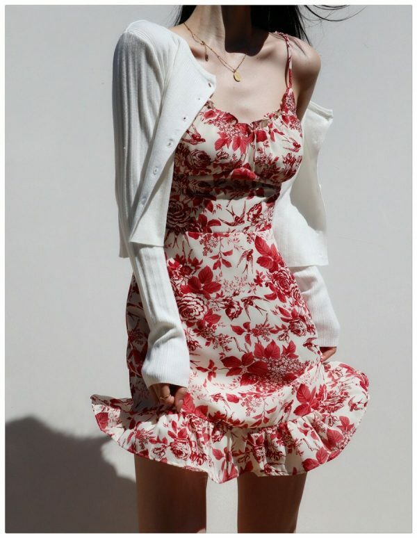 Y2K Red White Floral Mini Strap Dress with Ruffle Frill