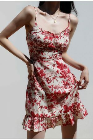 Y2K Red White Floral Mini Strap Dress with Ruffle Frill