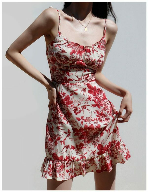 Y2K Red White Floral Mini Strap Dress with Ruffle Frill