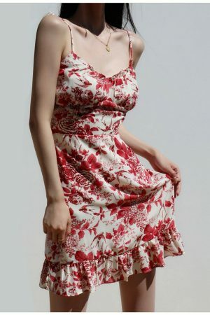 Y2K Red White Floral Mini Strap Dress with Ruffle Frill