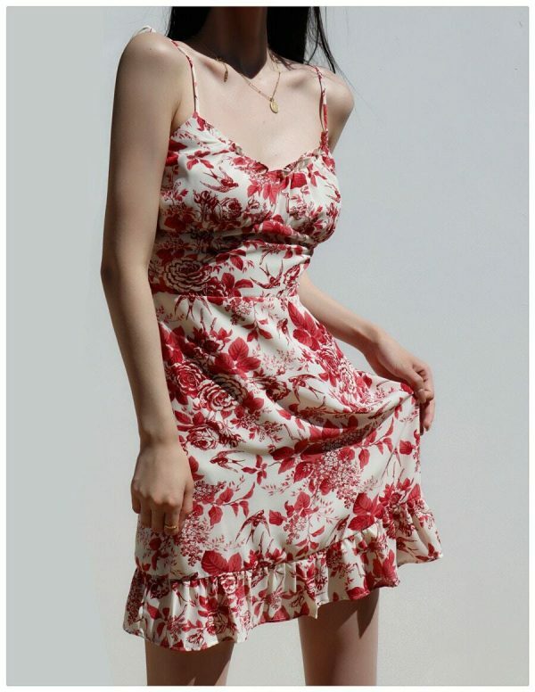 Y2K Red White Floral Mini Strap Dress with Ruffle Frill