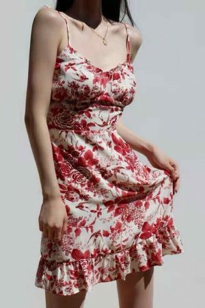 Y2K Red White Floral Mini Strap Dress with Ruffle Frill