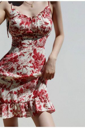 Y2K Red White Floral Mini Strap Dress with Ruffle Frill