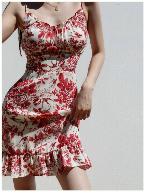 Y2K Red White Floral Mini Strap Dress with Ruffle Frill