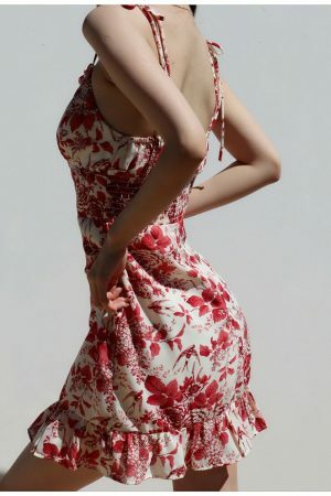 Y2K Red White Floral Mini Strap Dress with Ruffle Frill