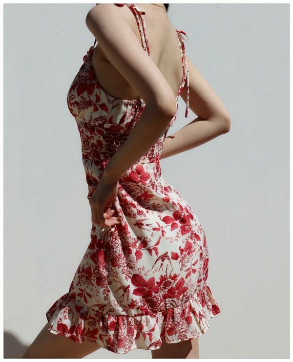 Y2K Red White Floral Mini Strap Dress with Ruffle Frill