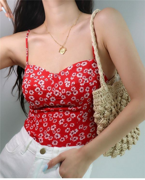 Y2K Red White Floral Strap Cami Crop Top French Retro Streetwear