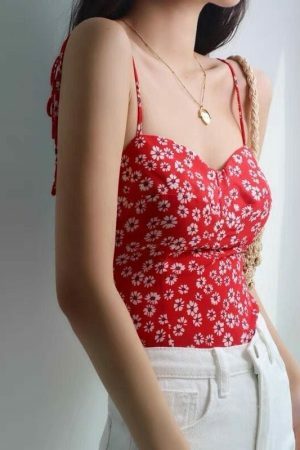 Y2K Red White Floral Strap Cami Crop Top French Retro Streetwear