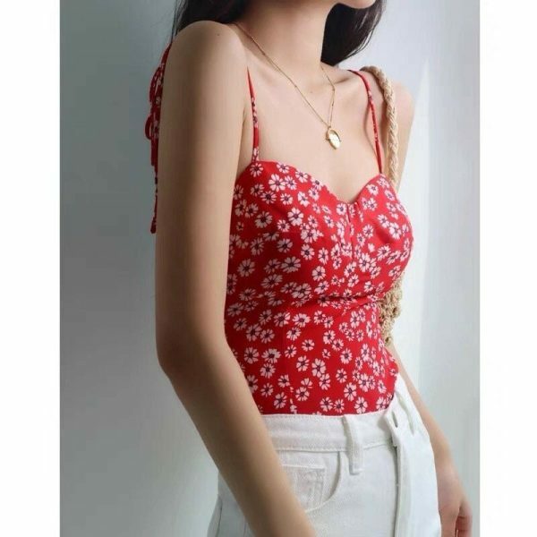 Y2K Red White Floral Strap Cami Crop Top French Retro Streetwear