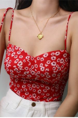 Y2K Red White Floral Strap Cami Crop Top French Retro Streetwear