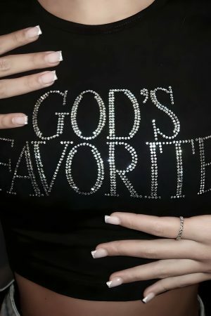 Y2K Rhinestone Crop Top - God's Favorite Slogan Tee