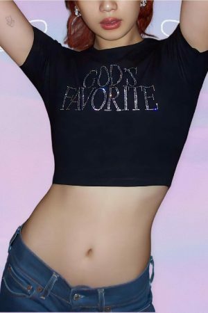 Y2K Rhinestone Crop Top - God's Favorite Slogan Tee