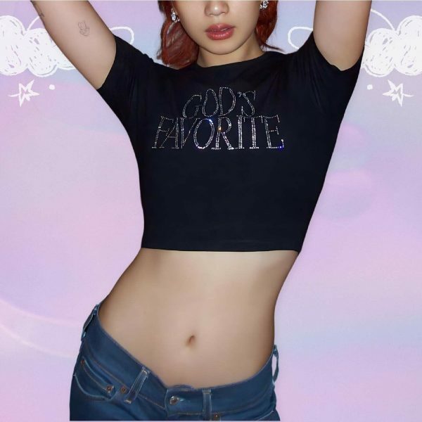 Y2K Rhinestone Crop Top - God's Favorite Slogan Tee