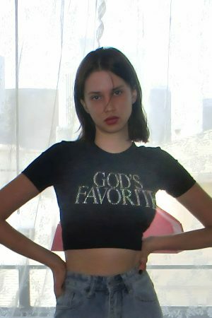 Y2K Rhinestone Crop Top - God's Favorite Slogan Tee