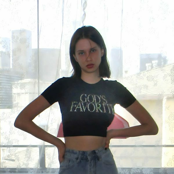 Y2K Rhinestone Crop Top - God's Favorite Slogan Tee