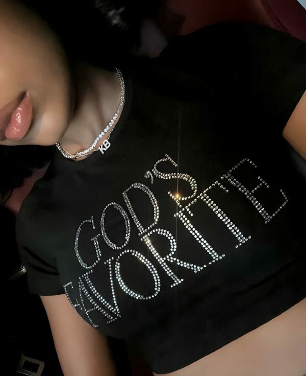 Y2K Rhinestone Crop Top - God's Favorite Slogan Tee