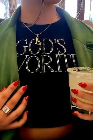 Y2K Rhinestone Crop Top - God's Favorite Slogan Tee