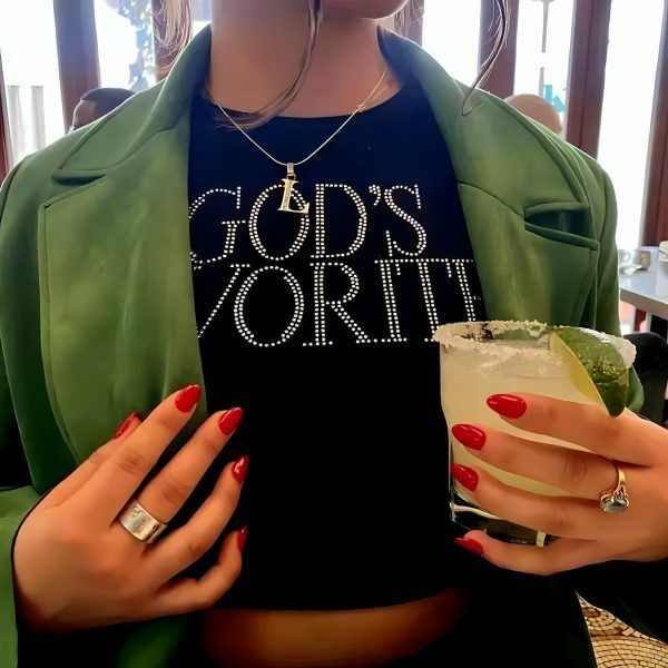 Y2K Rhinestone Crop Top - God's Favorite Slogan Tee