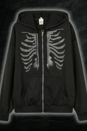 Y2K Rhinestone Skeleton Oversized Hoodie - Streetwear Retro Harajuku Style