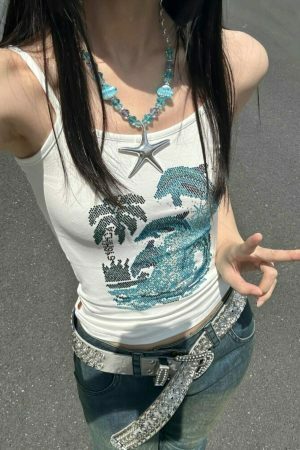 Y2K Rhinestone Tank Top: Vintage Sleeveless Streetwear Fashion