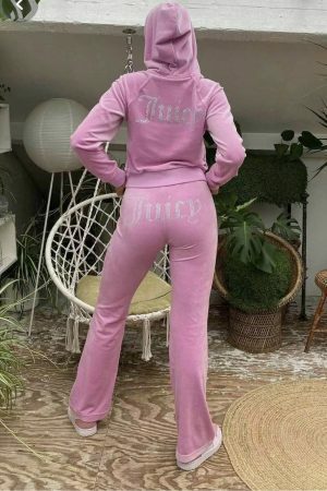 Y2K Rhinestone Velvet Tracksuit Set with Hoodie - Streetwear Chic