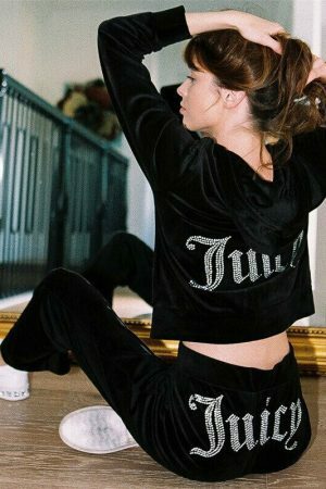 Y2K Rhinestone Velvet Tracksuit Set with Hoodie - Streetwear Chic