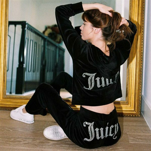 Y2K Rhinestone Velvet Tracksuit Set with Hoodie - Streetwear Chic