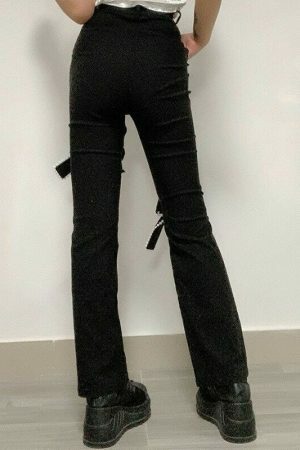 Y2K Ribbed High Waist Streetwear Pants - Independent Straight Casual Gothic Fashion