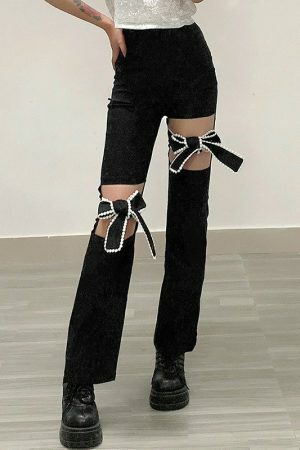 Y2K Ribbed High Waist Streetwear Pants - Independent Straight Casual Gothic Fashion