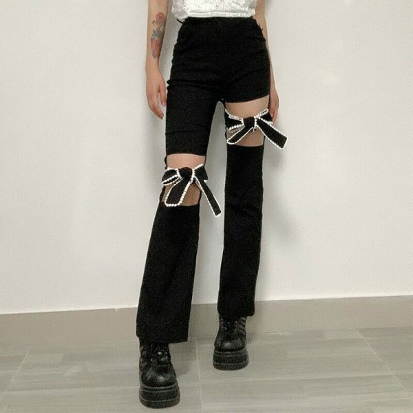 Y2K Ribbed High Waist Streetwear Pants - Independent Straight Casual Gothic Fashion