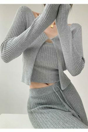 Y2K Ribbed Knit Crop Cardigan Set with Halter Strap Cami Top